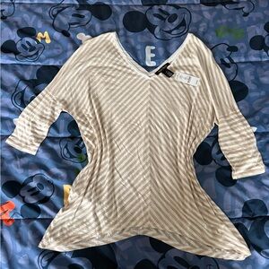 White House Black Market Beige and White Striped V-Neck Top New with Tags
